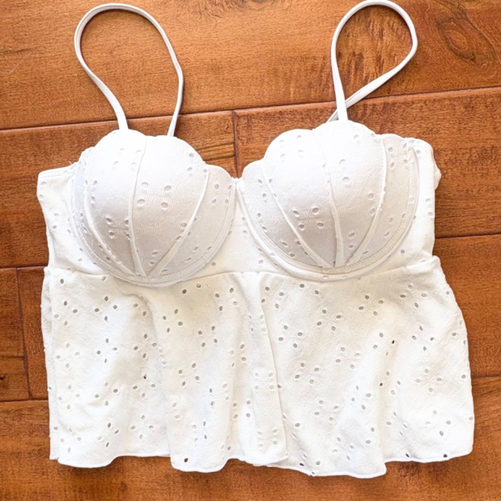 White Eyelet Peplum Bustier Cropped Top Small Spaghetti Straps